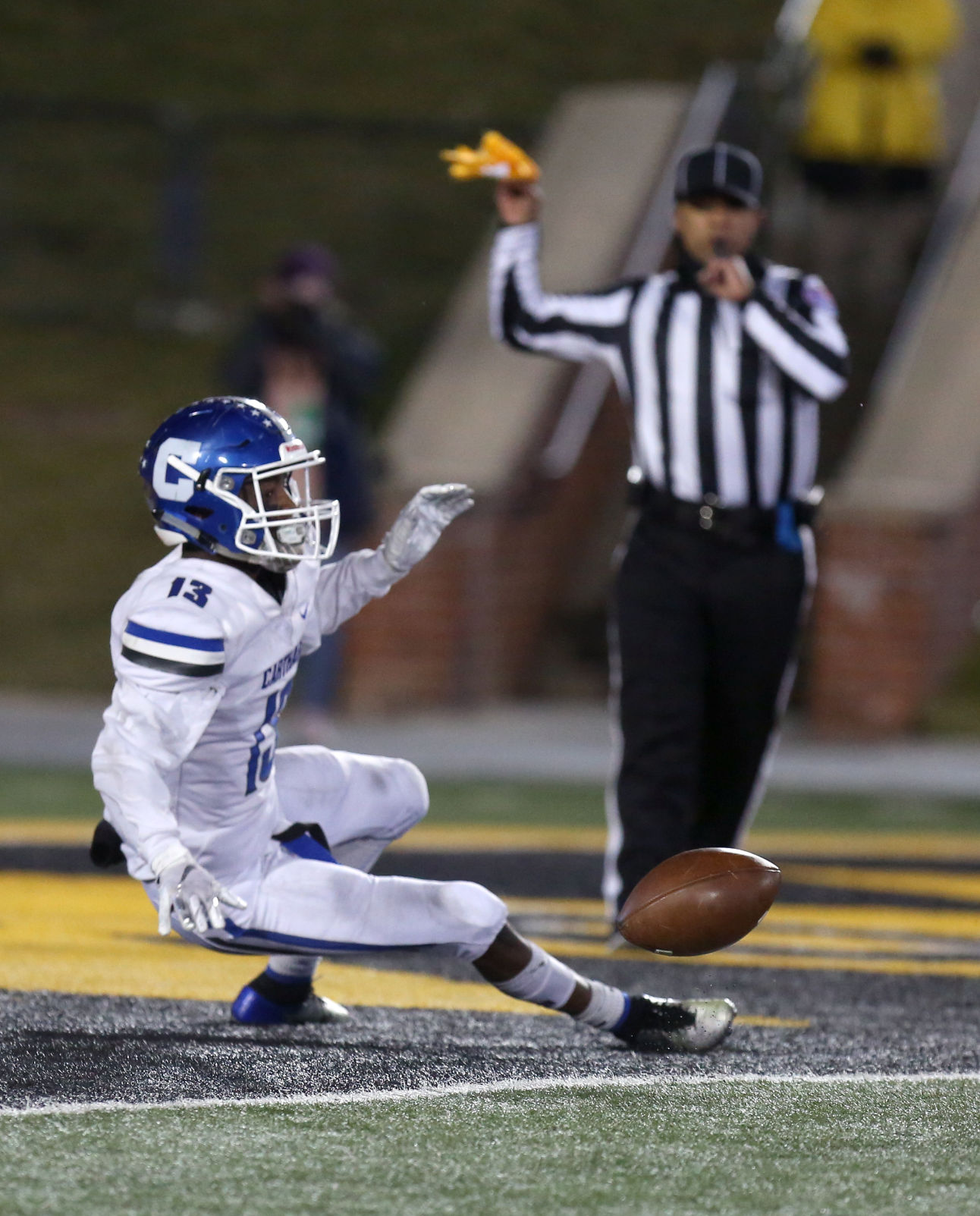 Carthage’s Marcus Huntley falls in the end zone